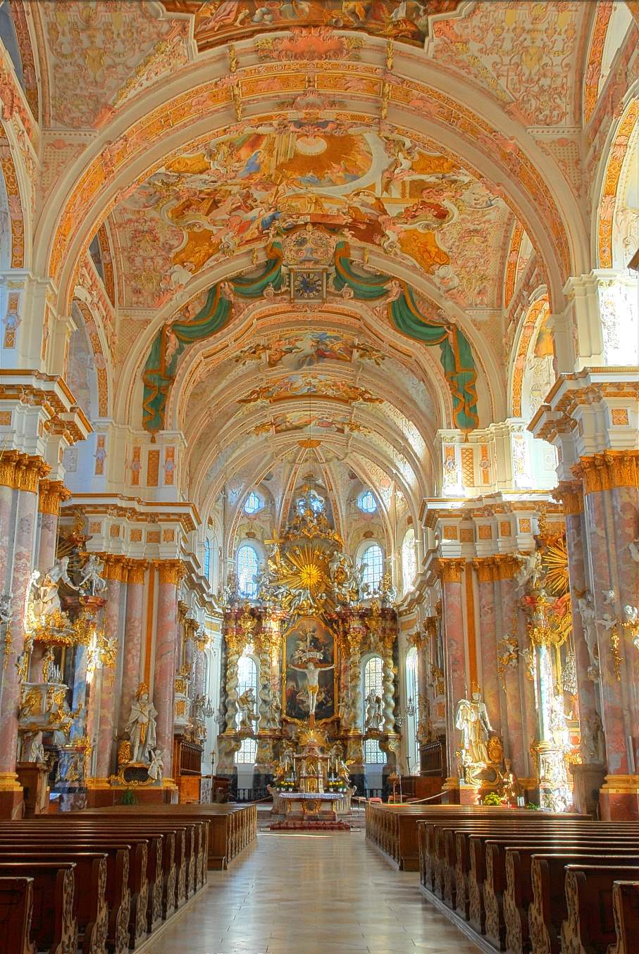 The monastery church of Fürstenfeld, its long Baroque nave lit from the side windows.