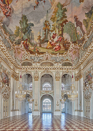 The Steinerner Saal at Nymphenburg Palace, its ceiling covered by a single vast fresco.