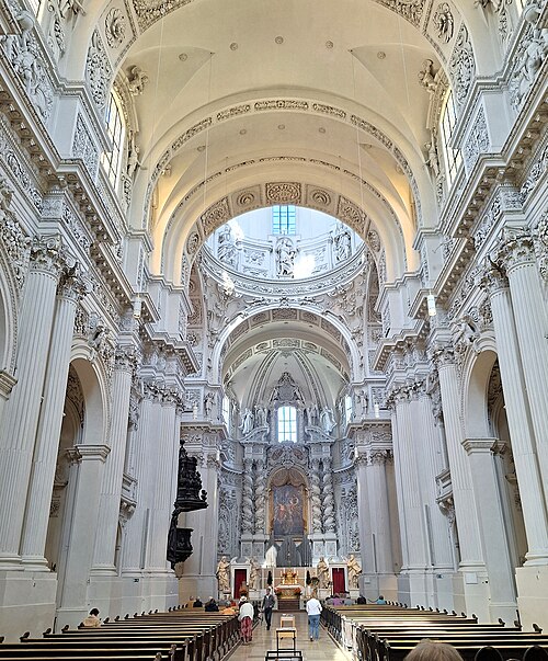 The white stucco interior of the Theatine Church in Munich.
